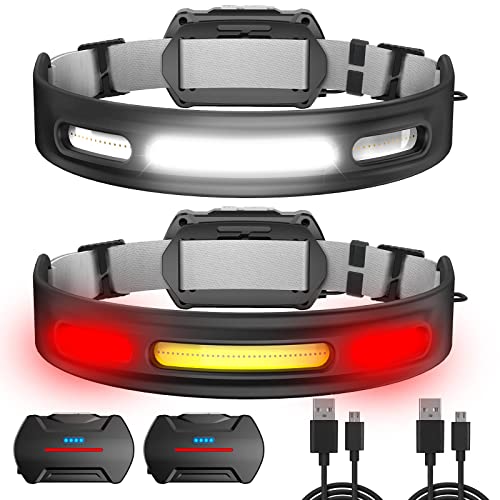 GMSOUD Headlamp Rechargeable 2PCS, 230° Wider Beam Head Lamp with Red Tail Light, Led Headlamps for Adults, Waterproof Lightweight Head Lights for Forehead, 5 Mode Head Flashlight for Camping Running