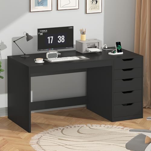 YOMILUVE 47 Inch Computer Desk with 5 Drawers and Power Outlets Home Office Desks with Storage File Cabinet Modern Simple Laptop Desk Writing Table for Small Spaces Black