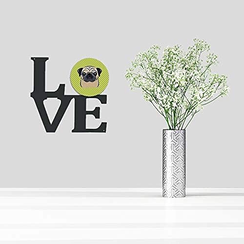 Caroline's Treasures BB1324WALV Checkerboard Lime Green Fawn Pug Metal Wall Artwork Love Indoor Outdoor Art Decor Patio, Bathroom, Kitchen Colorful Aluminum and Black Steel Sculpture