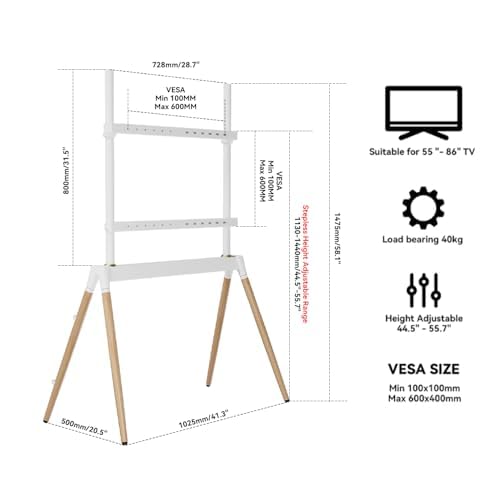 Image of Audiovan Easel Studio Floor TV Stand Quad Wooden Legs for 55-86 Inch, (Height - 1455) 100x100-600x400 VESA Corner (White, 55-86 inch)