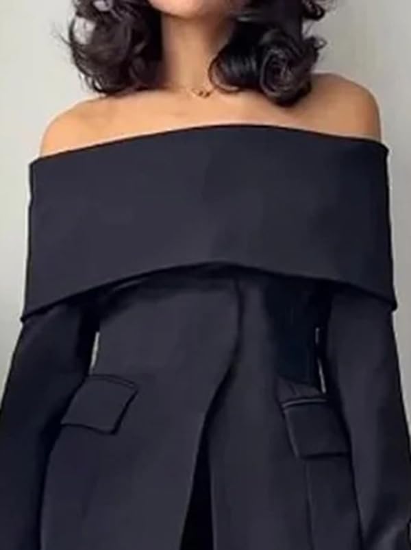 UOOZEE Women's Long Sleeve Off Shoulder Business Work Blazer Sexy Formal Split Front Suit Jackets Outfits4