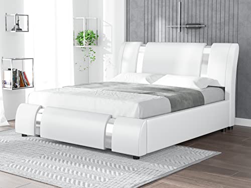 Einfach Low Profile King Platform Bed Frame With Adjustable Headboard/Deluxe Solid Upholstered Modern Bed Without Box Spring/Faux Leather And Strong Wood Slats, All White #TOP2