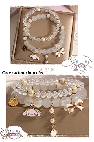 GAUEIOUR Cinnamoroll Crystal Bead Bracelet,Lovely Beige Cartoon Crystal Beads Elastic Bracelet Girls and Women, Small Fresh Simple and Lovely Cartoon Jade Dog Jewelry (Beige 2 Pack) - 5