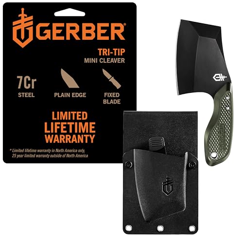 Gerber Gear TRI-Tip Mini Cleaver Fixed Blade Camping Knife with Molle Sheath for Survival and Bushcrafting, Green
