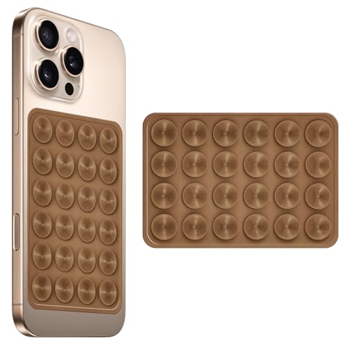 Image of amazon basics Suction Phone Case Anti-Slip Silicone Multipurpose Hands-Free Sticky Pads for Phone Case Mount for Selfies Videos Mirror Shower Car Dashboard - Brown (1 Piece)