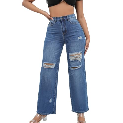 Women Stretchy Distressed Wide Leg Jeans Ripped Mom Baggy Straight Boyfriend Trendy Trouser Denim Pants for Women