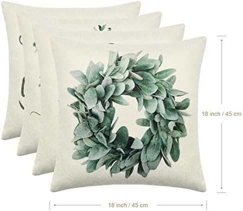 Dremisland Throw Pillow Covers 18x18 Inch Set of 4 Eucalyptus Wreath Vase Decorative Pillow Cases Green Plants Linen Cushion Covers Outdoor Sofa Couch Farmhouse Home Decoration