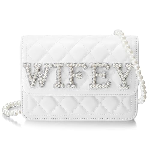 Image of Eccliy Bride Purse White Clutch Wifey Gift Mrs Bride Purse with Pearl Chain for Wedding Day Bridal Shower Gift Bachelorette