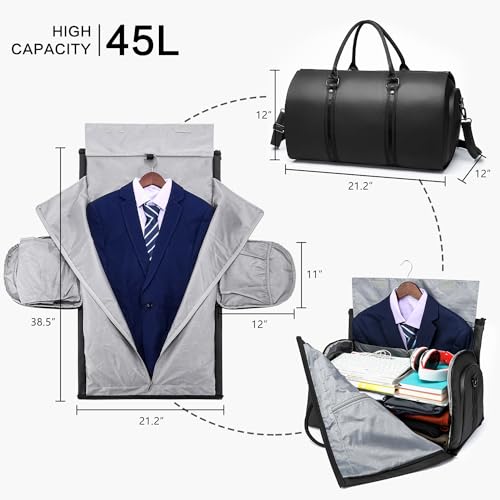 Garment Duffle Bags for Travel, OEIPSMK Convertible Carry on Leather Garment Bag for Men Women, 2 in 1 Waterproof Weekender Suit Travel Bags with Shoe Compartment for Traveling & Business Trips, Black2