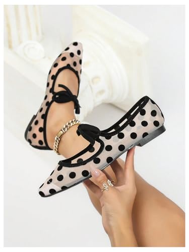 Women's Polka Dots Mesh Ballet Flats Shoes Bowknot Pointed Toe Mary Jane Flats Closed Toe Comfortable Dress Shoes3