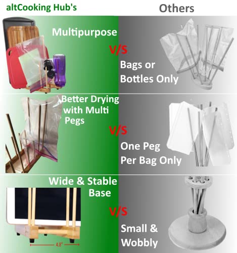 Altcooking Hub Bamboo Plastic Bag Drying Rack & Bamboo Bottle Brush - Multipurpose Dish Drying Rack For Silicone Reusable Bags, Baby Bottles, Water Bottles, Plates, Wine Glasses #TOP5