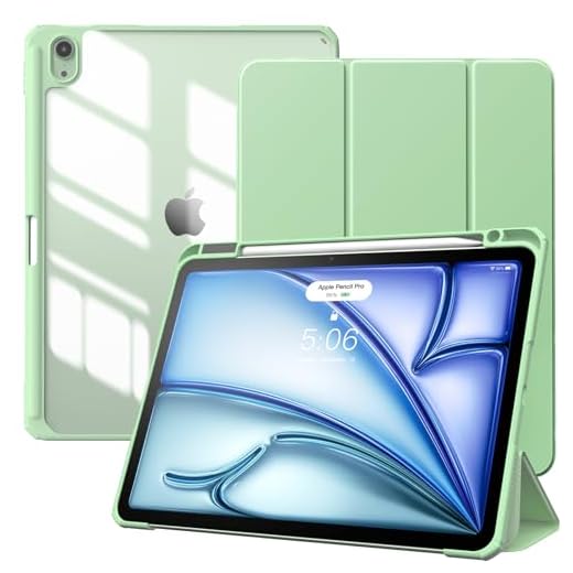 TiMOVO Case for iPad Air 5th/4th Generation 10.9 inch, iPad Air 5/4 Case with Pencil Holder, [Support Apple Pencil Charging and Touch ID], Clear Transparent Case with Auto Wake/Sleep, Green