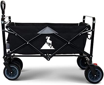 TOPWELL Folding Camping Cart Outdoor Wagon Trolley Transport Free Standing Collapsible Utility Grocery Canvas Fabric Rolling Buggies Garden Sport WagonsBlack/Grey