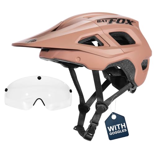 BATFOX Mountain Bike Helmet for Men Women,MTB Bicycle Cycling E-Bike Helmet for Adults Fit(52-60CM) (W/Goggles-Brown, L(56-60CM))