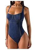 Milumia Women's Square Neck Denim Bodysuit Sleeveless Backless Summer Tank Tops Leotards Dark Wash Small