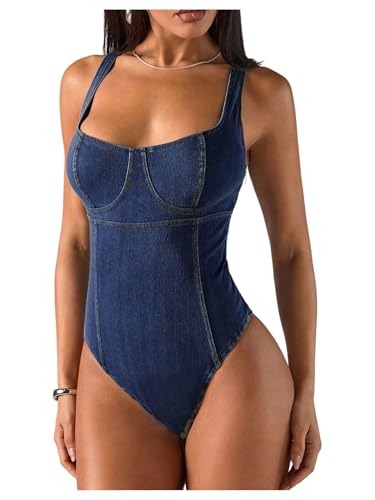 Milumia Women's Square Neck Denim Bodysuit Sleeveless Backless Summer Tank Tops Leotards Dark Wash Medium