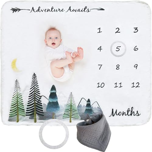 Image of Baby Monthly Milestone Blanket for Baby Boy Girl, Gender Neutral Gift for Baby Shower Soft Months Blanket for Newborn Picture Age Growth, Frame & Bib, Newborn Essentials Photo Blanket Mountain 47"x40"