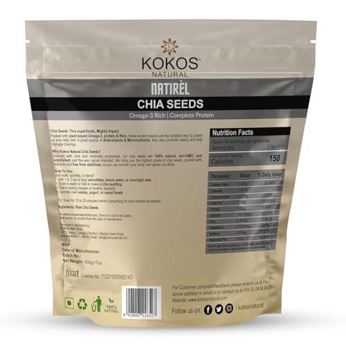 Image of Kokos Natural Chia Seeds - 500 Gm (Pack of 1) | Raw, Unroasted & Nutrient-Dense Seeds | Rich in Fiber, Omega-3 & Plant Protein | Best For Weight Management, Gut Health & Energy | Vegan Superfood & Healthy Snack