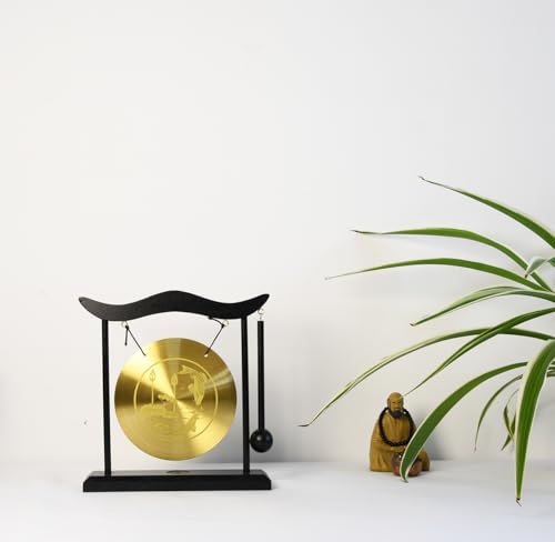 Owlgift Chinese Zen Feng Shui Gong Décor - Copper Gong with Wooden Stand | 7.9-Inch Spiritual Ornament for Home, Meditation & Energy Clearing