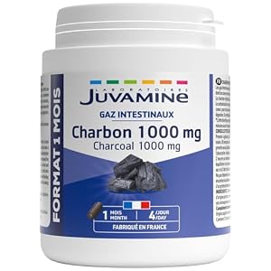 JUVAMINE – Pflanzliche Kohle 1.000 mg – Verdauung – Blähungen – Hilft, übermäßige Blähungen nach einer Mahlzeit zu reduzieren – 1-monatliches Programm – 120 Kapseln