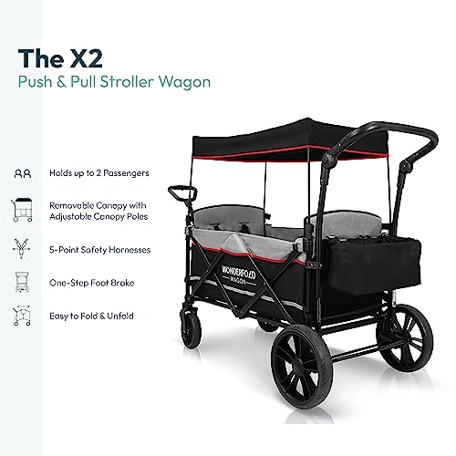 Wonderfold X2 Push & Pull Double Stroller Wagon (2 Seater) Featuring 5 Point Harnesses, Adjustable Push Handle, Telescopic Pull Handle, And Removable Uv-Protection Canopy, Black #TOP1