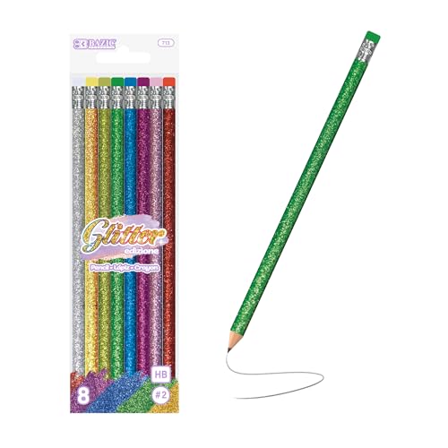 BAZIC Products Metallic Glitter Pencil w/Eraser, Latex Free Eraser, Unsharpened Rewards Glitter Pencil (8/Pack), 1-Pack