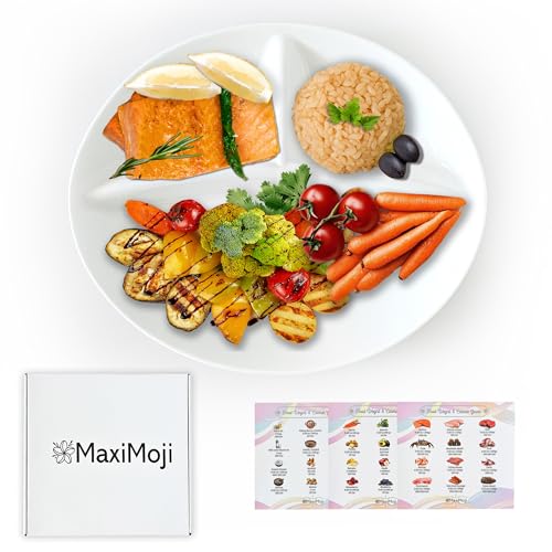 MaxiMoji Portion Control Plate for Adults, Divided Plate for Weight loss, Ideal for Bariatric and Diabetic and Healthy Diets, Durable and Easy to Clean-porcelain
