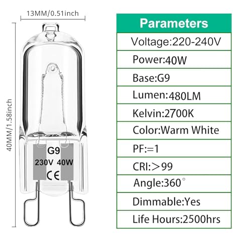 G9 Halogen Leuchtmittel 12 Stück, Halogenlampe 40 Watt 230V Warmweiß 2700K, Halogen G9 40W Kapsel Glühbirne Dimmbar für Deckenleuchten… – Ansicht 2