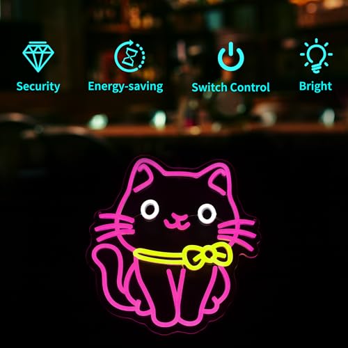 Image of Neon Sign - HSJNJKFU Cat Neon Signs for Wall Decor Pink Led Sign Cute Cat Light Up Signs for Room Birthday Party Home Decor - LED Neon USB Powered