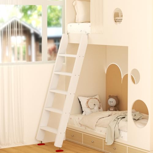 Image of 50 inch 55 inch 60 inch White Wood Bunk Bed Ladder, Lofted /Dorm /RV Bed Bunkbed Ladders with 4in Extra Wide Steps and Non-Slip Pads, Replacement Wooden Ladder for Motorhome /Camping (White, 60in /153cm)