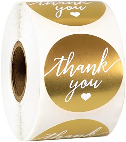 Easykart Thank You Label Sticker 1.5" Round with Gold and White Heart 500 Labels Per Roll, Thank You Sticker Gold for Birthdays, Weddings, Giveaways, Bridal Showers