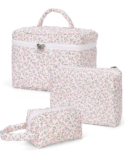 RuiDay 3 Pezzi Borsa Porta Trucchi Portatile, Trousse Trucchi Organizer per Cosmetici in Cotone Floreale, Borsa da Toilette da Viaggio Lavabile, Beauty Case Morbido (A)