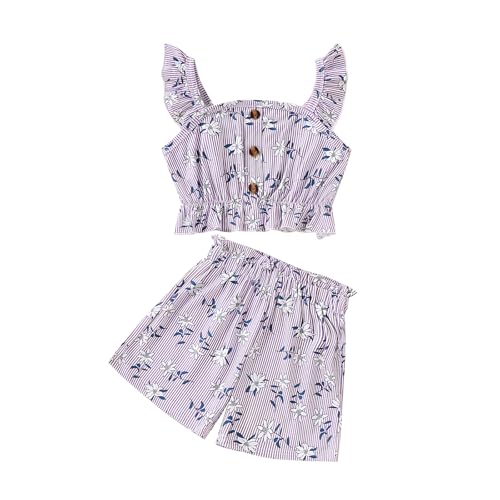 Image of Kids Toddler Girls Summer Clothes Button Design Striped Tank Top + Floral-Print Elastic Shorts 2 Piece Outfits
