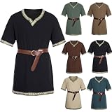 Túnica vikinga para hombre, manga corta, cuello en V, medieval, para cosplay, disfraz de guerrero de Halloween (no incluye cinturón), Negro, S