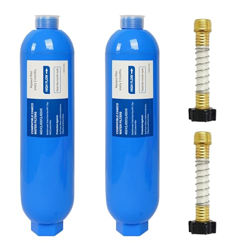 Wely Pivotalone 2 Pack RV Inline Water Filter with 2 Flexible Hose Protector Reduce Bad Taste Odors Rust Chlorine Fluoride and Sediment in Drinking Water Dedicated for RVs Campers Marines