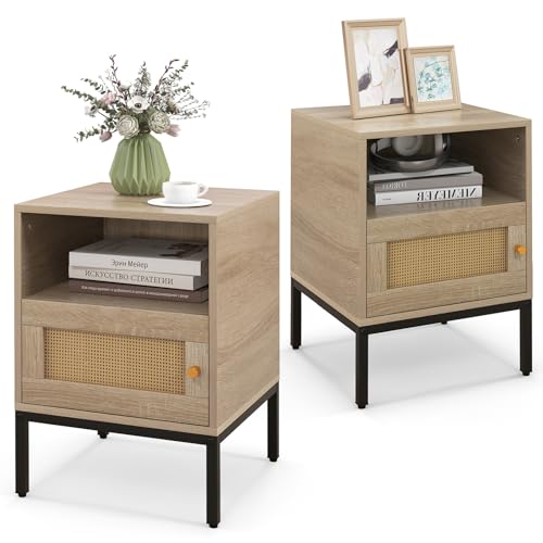 COSTWAY 1/2 Mesitas de Noche de Madera con Estante Abierto y Puerta, Mesillas de Noche Bohemio con Patas de Metal, Mesa de Cabecera Dormitorio Salon Sofa, 40 x 40 x 57 cm, Natural (2)