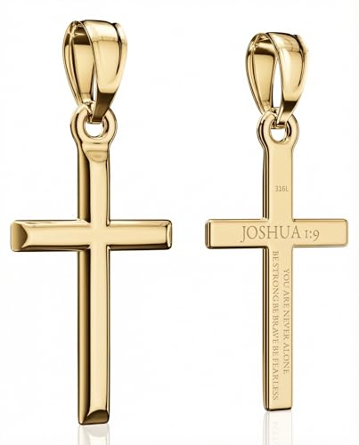 ZENLUNANO Cross Pendant Necklace with Bible Verse - JOSHUA 1:9 Medium Luxury Gold Tone - Top-grade 316L Stainless Steel Sleek Polished Design Christian Jewelry for Men and Women