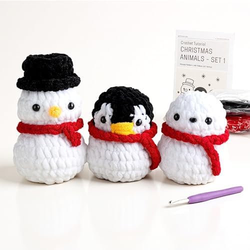 DoodleTwyst Amigurumi Crochet Kit – DIY Crochet Kit with Yarn & Tools – Fun Crochet Kits for Adults (Seal, Penguin, Snowman)