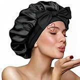 VECIIR Silk Bonnet for Sleeping Women, Ajustable Hair Bonnet for Curly Hair with Tie Band Shower Caps Black，Large