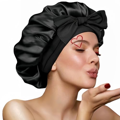 VECIIR Silk Bonnet for Sleeping Women, Ajustable Hair Bonnet for Curly Hair with Tie Band Shower Caps Black，Large