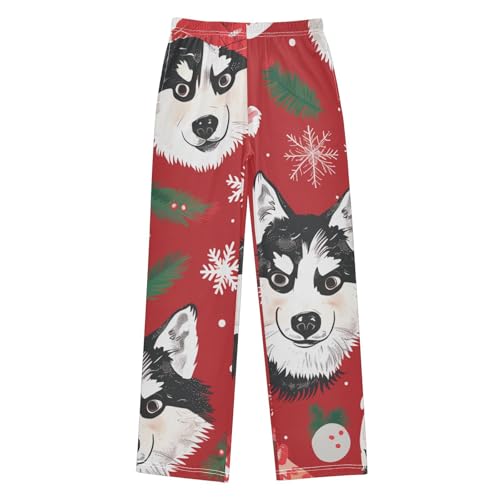 Christmas Husky Pine Branches Boys Long Pants Soft Trousers Elastic Waist Kids Lounge Bottoms with Pockets S-XL