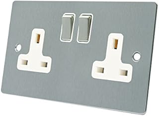 AET FSC2GSOCWS Satin Chrome Flat 2 Gang White Insert Metal Rocker Switches-13 Amp Double Plug Socket, 240 V