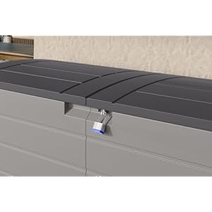 Suncast 120 Gal All Weather Patio Deck Box with Pad Lockable Split Top Lid Extra Large Outdoor Storage Unit for Patio Furniture and Grill Tools