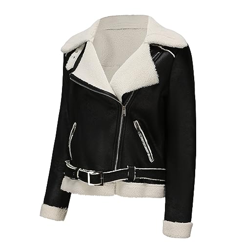 Womens Suede Jackets Parka Lapel Fleece Collar Belted Flannel Lined Coats Faux Fur Leather Winter Zip Up Jacket2