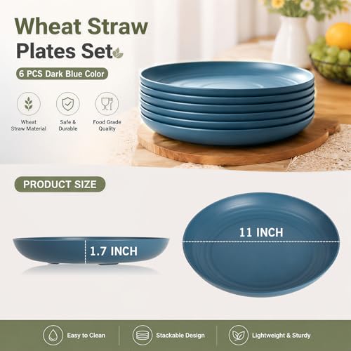Image of 11In Wheat Straw Deep Plate, Reusable Plastic Plates Set,Dark Blue | Unbreakable Alternative to Melamine Plates Set for Family Kitchen & Outdoor Dining