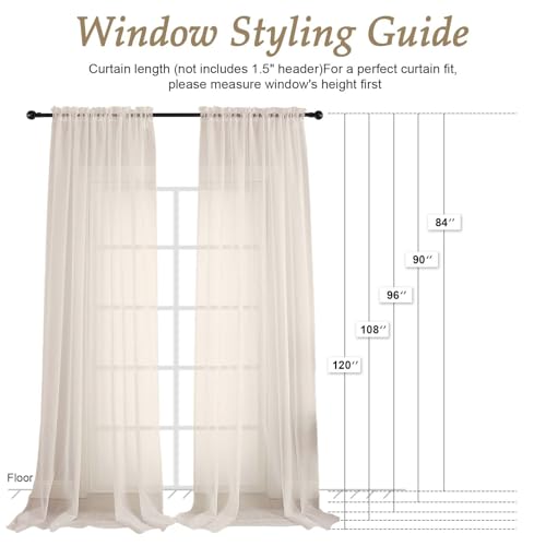Image of OVZME Cream Sheer Curtains 120 Inches Long 2 Panels Set, 59 Inch Extra Wide Soft Airy Lightweight Sheer Curtains for Living Room, Farmhouse Voile Filmy Rod Pocket Drapes, 59Wx120L Inches