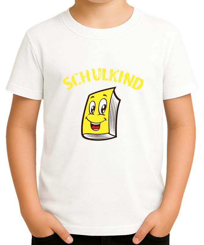 Schulkind - Libro in cartone animato con allegro libro giallo per l'inizio della scuola, design divertente per fieri di prima elementare ragazzi e ragazze, bianco, 8 anni