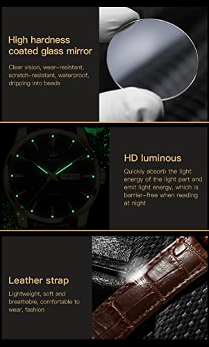 OLEVS Watches for Men Brown Leather Gold Case Analog Quartz Fashion Business Dress Watch Day Date Luminous Waterproof Casual Male Wrist Watches