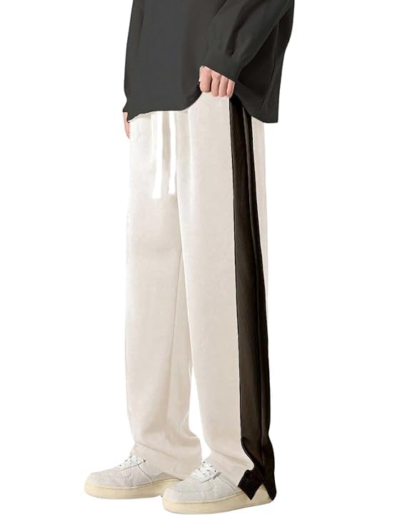 Image of GRECIILOOKS Men Casual Trouser | Men's Wide Leg Track Pants with Contrast Side Panel | Relaxed Drawstring Fit Streetwear Trousers | Loose Fit Joggers for Man