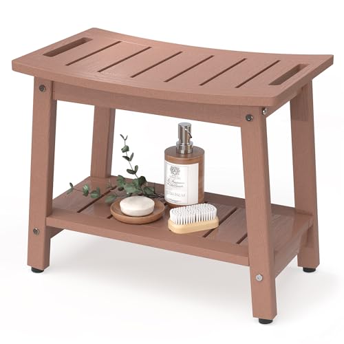 BEKVEM Shower Bench for Inside Shower, Teak Brown HDPE Shower Stool Waterproof, Spa Bathroom Seat Chair with Handle, Storage Shelf & Adjustable Feet - Indoor/Outdoor, Weather Resistant